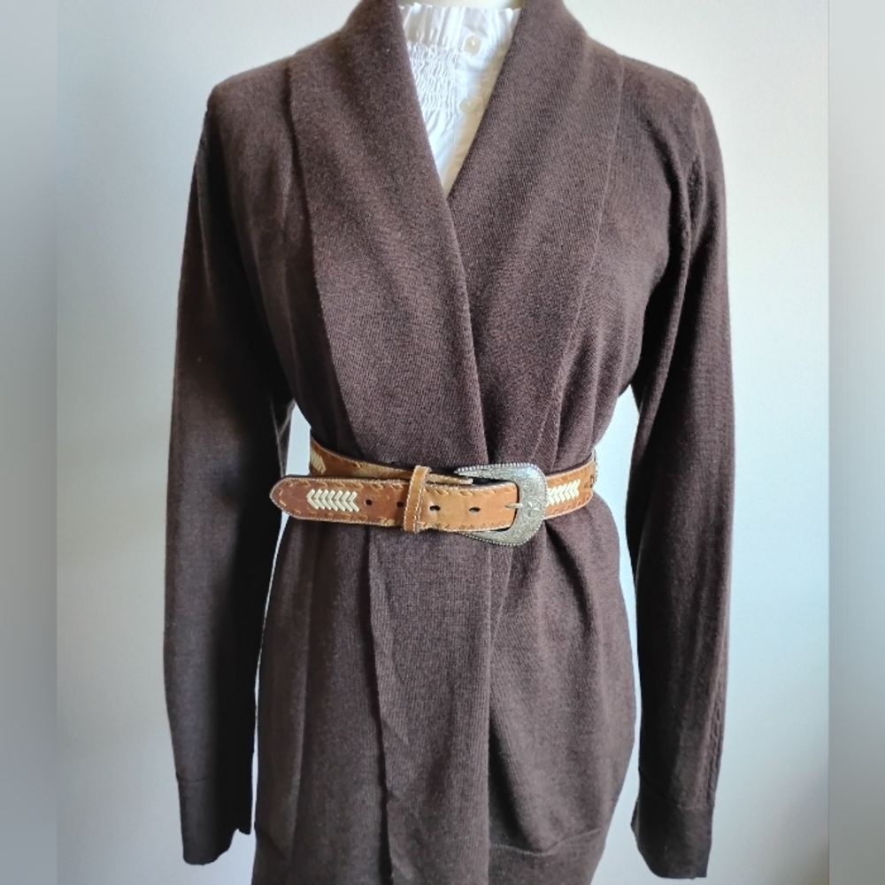 Kenar Italian Merino Wool Shawl Collar Cardigan Sweater Chocolate Brown Size Lg - Picture 3 of 14